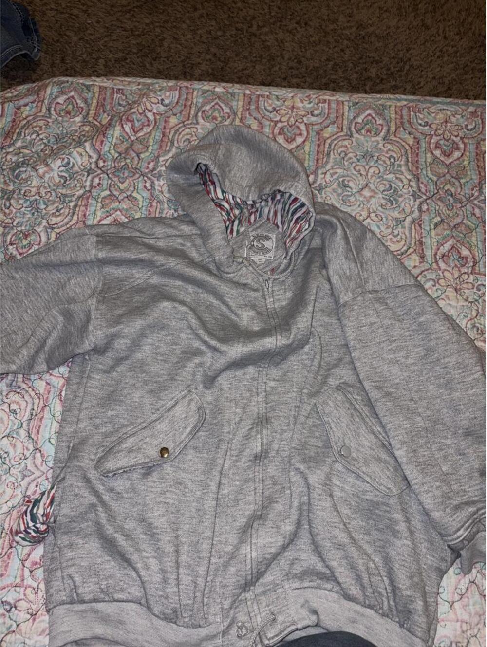 Gray hoodie with multicolored stripes on the hood #stripes